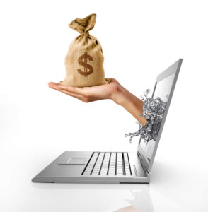 hands with bag of money coming out of laptop computer