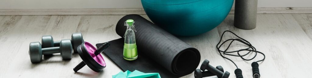 weights exercise mat water bottle jumprope ball