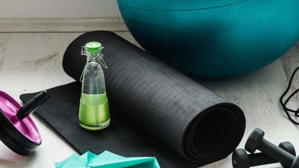 fitness gear mat water bottle exercise ball dumbbells