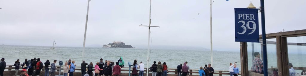 View of Alcatraz Island from Pier 39 San Francisco CA